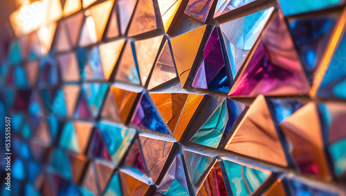 Colorful Abstract Geometric Triangle Pattern with 3D Shapes and Bright Blue Tones photo