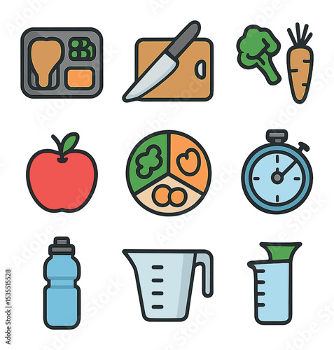 Nutrition Planning Icons. , filled icons set of planning nutritious meals: meal container, cutting board,