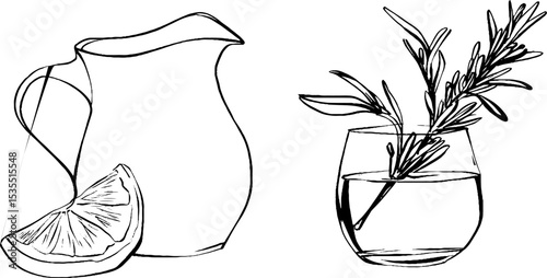 Line art set featuring lemon wedge with pitcher and herb in glass for minimalist design