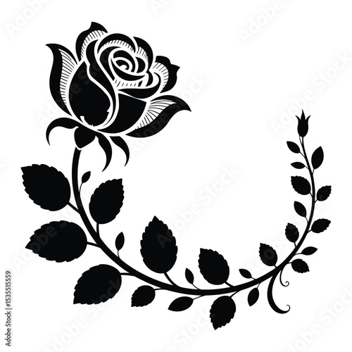 Lace-Integrated Rose Floral Frame Silhouette, Vector, Illustration, Icon, Logo, White Background.