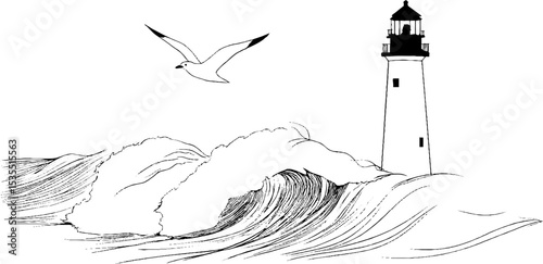 Lighthouse line art with seagull and ocean waves