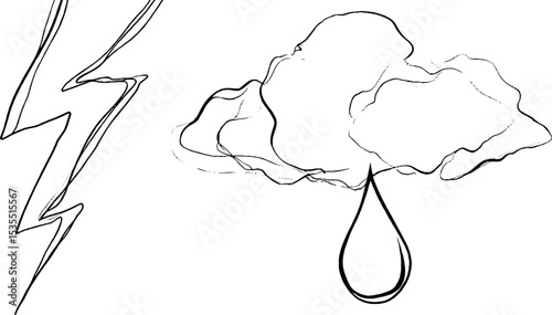 Minimalist line art of lightning bolt and cloud with raindrop for design