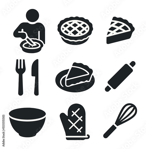 Pie Baking Icon Set. Solid, filled icons set of a person slicing into a homemade pie with flaky crust and