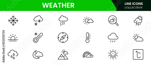 Clean vector web line icons depicting weather forecasts, sun, rain, clouds, temperature, and meteorological data for accurate predictions.