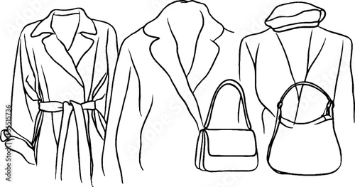 Elegant trench coat and handbag line art set for fashion design projects
