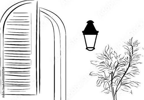 Louvered shutter line art with lantern and tree - minimalist design for home decor