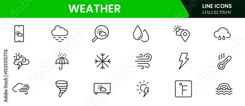 Clean vector web line icons depicting weather forecasts, sun, rain, clouds, temperature, and meteorological data for accurate predictions.