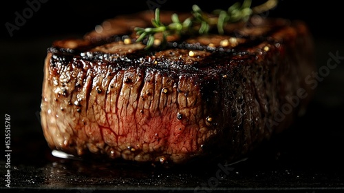 Close-up of a perfectly grilled steak on a dark surface