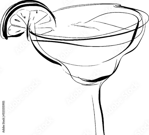 Minimalistic line art illustration of margarita glass with lemon slice for modern design