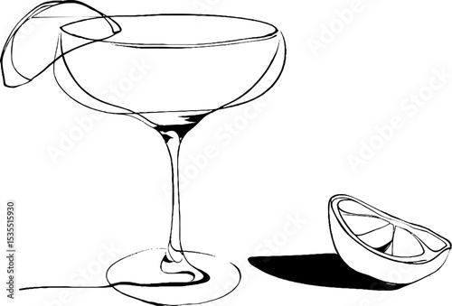 Elegant line art set of margarita glass with lemon slice for creative design
