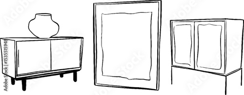 Minimalist line art illustration of media console and cabinet set for interior design