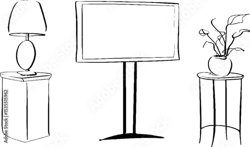 Minimalist line art illustration set featuring media wall, floor lamp, and plant stand