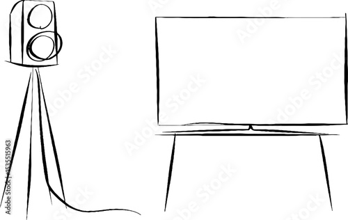 Minimalist line art set featuring media wall and floor speaker for modern interior design