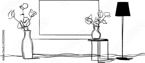 Minimalist line art illustration of media wall with floral vase and floor lamp