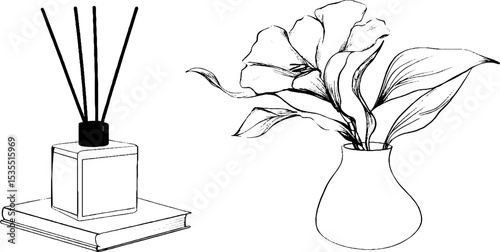 Minimalist line art set for meditation app design featuring aromatherapy and botanical elements