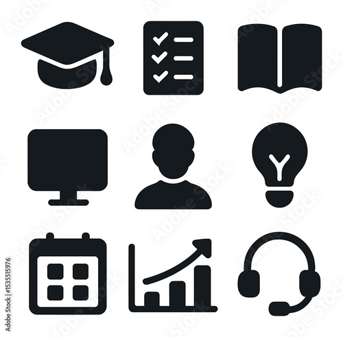 Goal-Oriented Learning Icons. Solid, filled icons set of goal-oriented learning: graduation cap, checklist,
