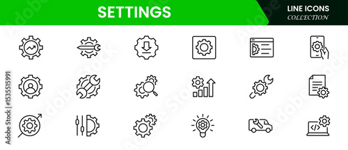 Sleek vector web line icons depicting settings, maintenance, tools, configurations, and system optimization for seamless digital performance and upkeep.