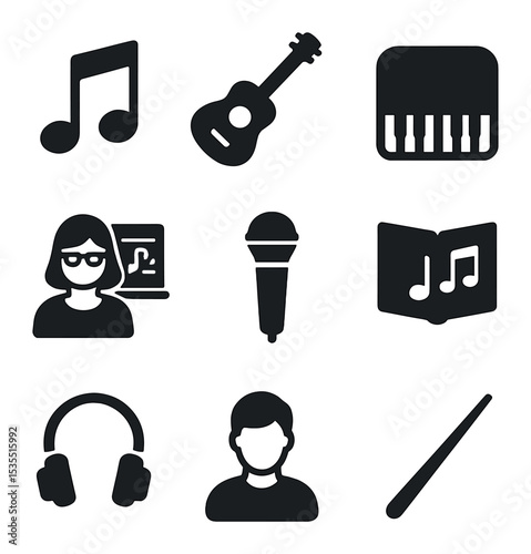 School Music Icons. Solid, filled icons set of school music programs: musical note, guitar, piano, teacher,