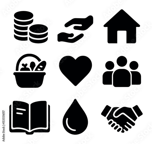 Icons of Poverty Solutions. Solid, filled icons set of fighting poverty: coin stack, helping hand, house, food