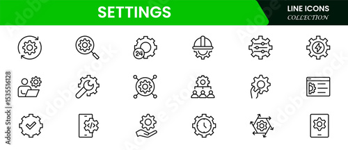 Sleek vector web line icons depicting settings, maintenance, tools, configurations, and system optimization for seamless digital performance and upkeep.
