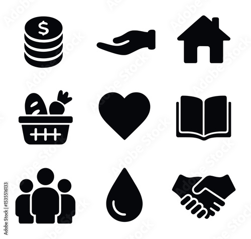 Poverty Reduction Icons. Solid, filled icons set of poverty reduction initiatives: coin stack, helping hand,