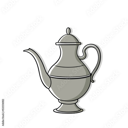 Decorative antique teapot vector illustration with elegant curved spout and handle on white background