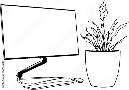 Minimalist line art of monitor arm and plant for office decor and design projects