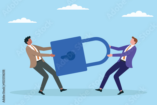 Vector illustration of two businessmen fighting for a large lock, representing the intense battle for data security, control, and dominance in the digital and corporate world
