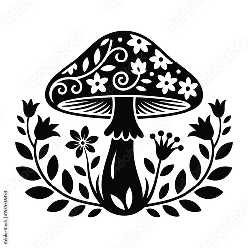 Fairytale Mushroom Floral Frame Silhouette, Vector, Illustration, Icon, Logo, White Background.