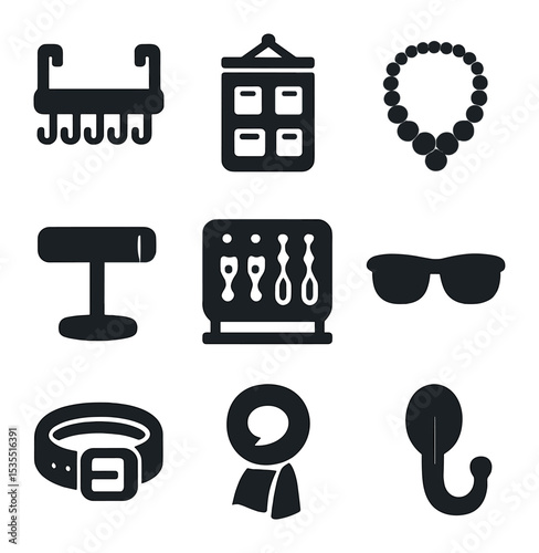 Accessory Organizer Icons. Solid, filled icons set of accessory holders and organizers: over-door hanger,