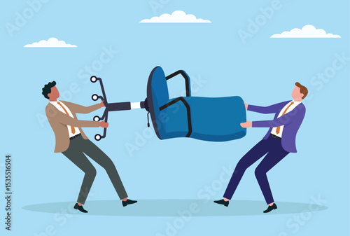 Vector illustration of two businessmen fighting for a chair, symbolizing rivalry, power struggle, and the contest to secure a leadership role or important position in business

