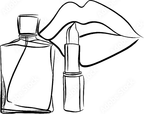 Minimalist line art set featuring perfume bottle, lipstick, and lips for beauty design