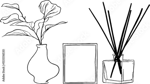 Minimalist line art collection featuring photo frame, vase with leaves, and aromatic reed diffuser