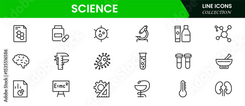 Precise vector web line icons depicting science, research, experiments, lab equipment, and innovative discoveries for advancing knowledge.