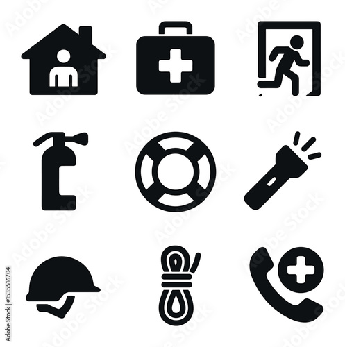 Safety Icons Grid. Solid, filled icons set of seeking safety in crises: shelter, first aid kit, emergency exit