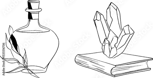 Magical potion bottle and crystal on book line art for mystic themed design