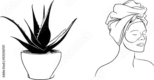 Line art set featuring potted aloe vera and relaxing woman with face mask