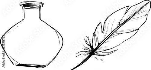 Hand-drawn potion flask and feather set for apothecary concepts and fantasy designs