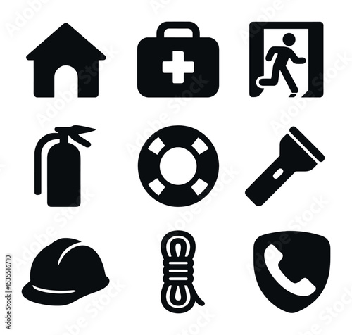 Disaster Safety Icons. Solid, filled icons set of safety measures during disasters: shelter, first aid kit,
