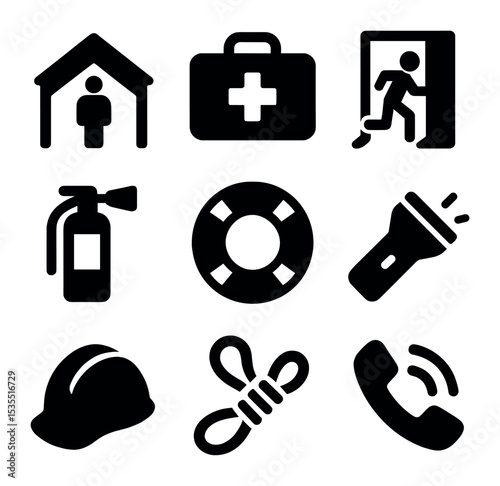Emergency Shelter Essentials. Solid, filled icons set of emergency shelter essentials: shelter, first aid kit,