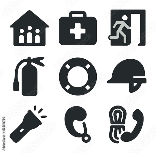 Crisis Rescue Icons. Solid, filled icons set of crisis shelter and rescue tools: shelter, first aid kit,