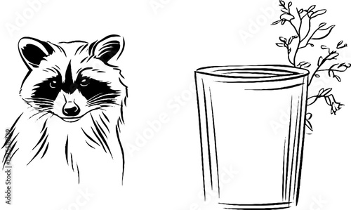 Raccoon line art with tail and minimalistic floral design for creative projects