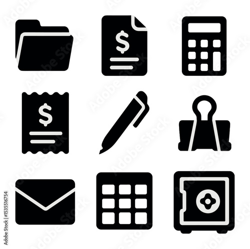 Financial Icon Set. Solid, filled icons set of organizing financial documents and receipts: folder, document,