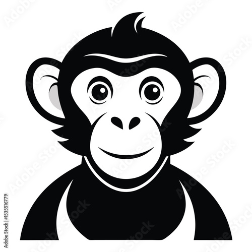 A cute cartoon illustration of a friendly smiling monkey in black and white