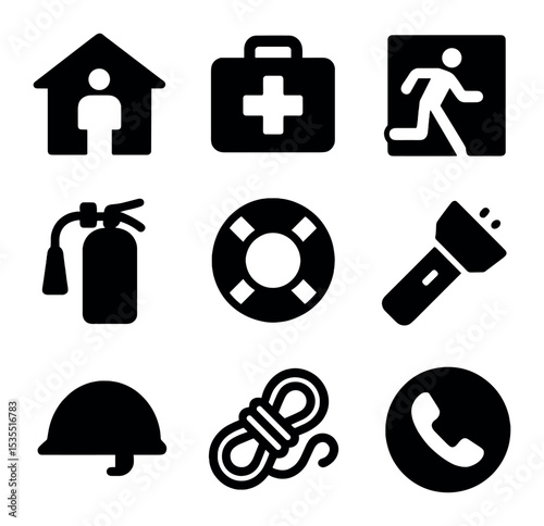 Emergency Icon Set. Solid, filled icons set of protection and shelter in emergencies: shelter, first aid kit,