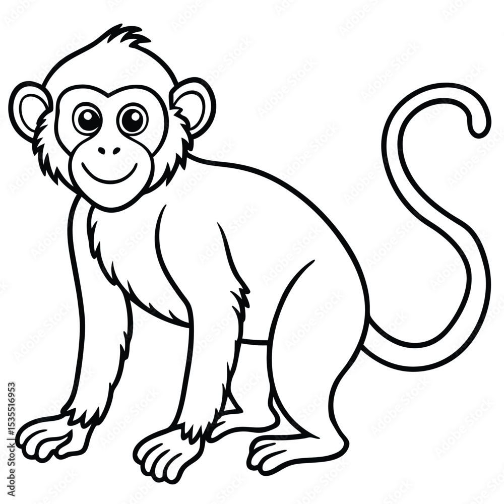 Fototapeta premium Adorable cartoon monkey outline illustration smiling ready for coloring and educational fun.