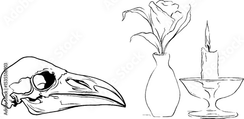 Gothic line art: raven skull floral arrangement with candle for dark decor
