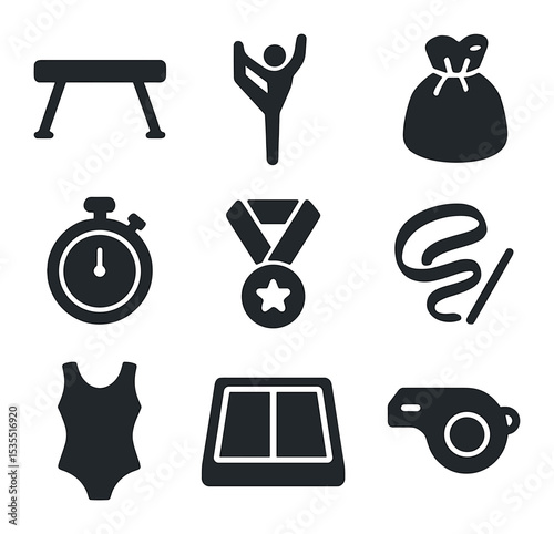 Gymnastics Essentials Icons. Solid, filled icons set of gymnastics competition essentials: balance beam,