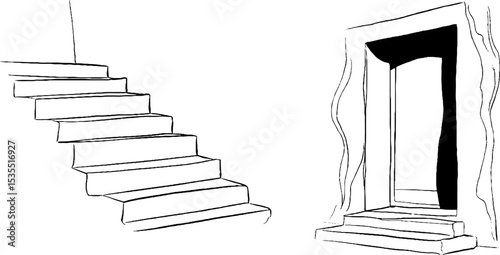 Minimalist line art of raw concrete wall with staircase and doorway for modern decor