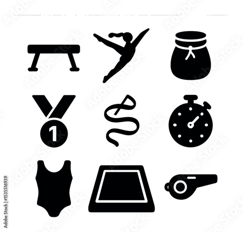 Gymnastics Icons Set. Solid, filled icons set of artistic gymnastics gear: balance beam, gymnast, chalk bag,